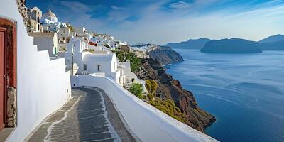 ai gerado santorini Thira ilha dentro sulista egeu mar, Grécia dia. fira e oia Cidade com branco casas negligenciar penhascos, praias, e pequeno ilhas panorama fundo papel de parede foto