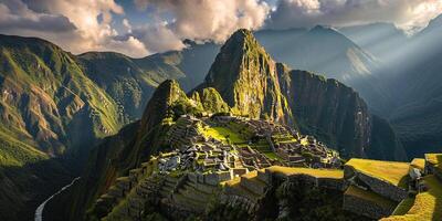 ai gerado histórico santuário do Machu picchu em uma montanha cume, Oriental Cordilheira do sulista Peru. incaico cidadela dentro a andes montanhas, antigo civilização, pôr do sol panorama panorama foto