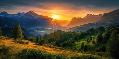 ai gerado suíço Alpes Nevado montanha alcance com vales e prados, Suíça panorama. dourado hora pôr do sol, sereno idílico panorama, majestoso natureza, relaxamento, calma conceito foto