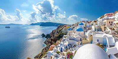 ai gerado santorini Thira ilha dentro sulista egeu mar, Grécia dia. fira e oia Cidade com branco casas negligenciar penhascos, praias, e pequeno ilhas panorama fundo papel de parede foto