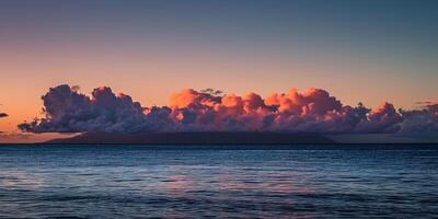ai gerado uma nuvem formação sobre a ilha pôr do sol panorama. roxo, rosa, e laranja fogosa dourado hora tarde céu dentro a horizonte. oceano, calma águas papel de parede fundo foto