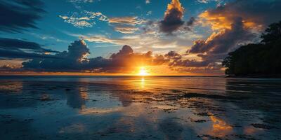 ai gerado calma mar pôr do sol panorama. roxo, rosa, laranja fogosa dourado hora tarde céu dentro a horizonte. atenção plena, meditação, calma, serenidade, relaxamento conceito papel de parede fundo foto