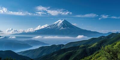 ai gerado mt. fuji, montar Fuji-san mais alto vulcão montanha dentro Tóquio, Japão. neve limitado pico, cônico sagrado símbolo, natureza panorama pano de fundo fundo papel de parede, viagem destino foto