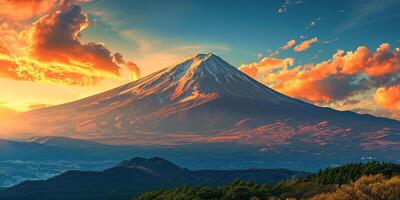ai gerado mt. fuji, montar Fuji-san mais alto vulcão montanha dentro Tóquio, Japão. neve limitado pico, cônico sagrado símbolo, roxo, laranja pôr do sol natureza panorama pano de fundo fundo papel de parede, viagem foto