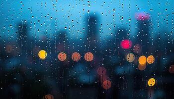 ai gerado chuvoso janela com embaçado cidade luzes dentro a fundo. bokeh Fora do foco borrão, sombrio clima, melancólico humor, tristeza, anseio, depressão conceito pano de fundo foto