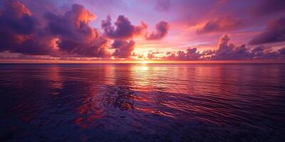 ai gerado calma mar pôr do sol panorama. roxo, rosa, laranja fogosa dourado hora tarde céu dentro a horizonte. atenção plena, meditação, calma, serenidade, relaxamento conceito papel de parede fundo foto