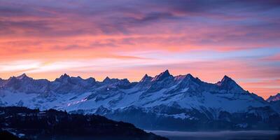 ai gerado suíço Alpes Nevado montanha alcance com vales e prados, campo dentro Suíça panorama. dourado hora majestoso fogosa pôr do sol céu, viagem destino papel de parede fundo foto