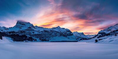 ai gerado suíço Alpes Nevado montanha alcance com vales e prados, campo dentro Suíça panorama. dourado hora majestoso fogosa pôr do sol céu, viagem destino papel de parede fundo foto