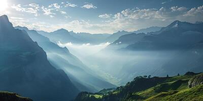 ai gerado suíço Alpes montanha alcance com exuberante floresta vales e prados, campo dentro Suíça panorama. Nevado montanha tops dentro a horizonte, viagem destino papel de parede fundo foto