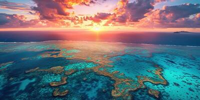 ai gerado ótimo barreira recife em a costa do queensland, Austrália seascape. coral mar marinho ecossistema papel de parede fundo às pôr do sol, com a laranja roxa céu dentro a tarde dourado hora foto