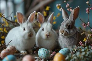 ai gerado três fofa fofo coelhos sentado entre Páscoa ovos e Primavera flores cumprimento cartão estilo foto