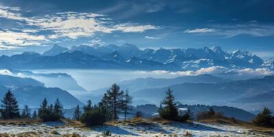 ai gerado suíço Alpes montanha alcance com exuberante floresta vales e prados, campo dentro Suíça panorama. Nevado montanha tops dentro a horizonte, viagem destino papel de parede fundo foto