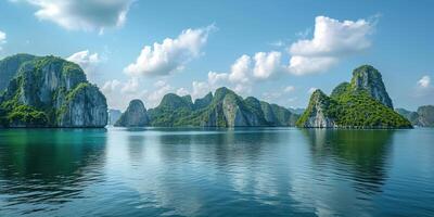 ai gerado ha grandes baía, Halong baía mundo herança site, calcário ilhas, esmeralda águas com barcos dentro província, Vietnã. viagem destino, natural maravilha panorama fundo papel de parede foto