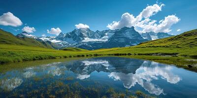 ai gerado suíço Alpes montanha alcance com exuberante floresta vales e prados, campo dentro Suíça panorama. sereno idílico panorama, majestoso natureza, relaxamento, calma conceito foto