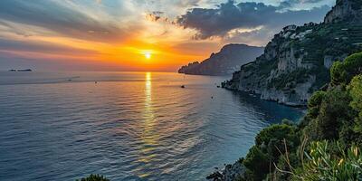 ai gerado amalfi costa litoral dentro sorrentina Península, Campânia região, Itália. feriado destino litoral com colinas, praias, e penhascos, mar visualizar, pôr do sol dourado hora papel de parede foto