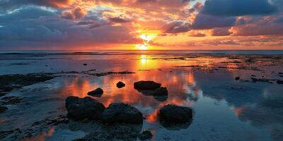 ai gerado ótimo barreira recife em a costa do queensland, Austrália rochoso de praia seascape. pedras e seixos, roxa e laranja dourado hora pôr do sol tarde céu horizonte mar papel de parede fundo foto