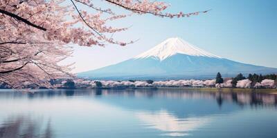 ai gerado mt. fuji, montar Fuji san mais alto vulcão montanha dentro Tóquio, Japão. neve limitado pico, cônico sagrado símbolo, Primavera temporada, sakura Rosa árvores, natureza panorama pano de fundo fundo foto