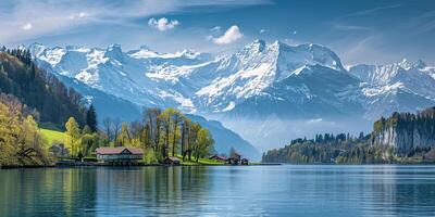 ai gerado suíço Alpes montanha alcance com exuberante floresta vales e prados, campo dentro Suíça panorama. sereno idílico panorama, majestoso natureza, relaxamento, calma conceito foto