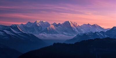 ai gerado suíço Alpes Nevado montanha alcance com vales e prados, Suíça panorama. dourado hora pôr do sol, sereno idílico panorama, majestoso natureza, relaxamento, calma conceito foto