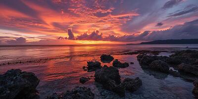 ai gerado ótimo barreira recife em a costa do queensland, Austrália rochoso de praia seascape. pedras e seixos, roxa e laranja dourado hora pôr do sol tarde céu horizonte mar papel de parede fundo foto