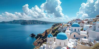 ai gerado santorini Thira ilha dentro sulista egeu mar, Grécia dia. fira e oia Cidade com branco casas negligenciar penhascos, praias, e pequeno ilhas panorama fundo papel de parede foto