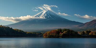 ai gerado mt. fuji, montar Fuji-san mais alto vulcão montanha dentro Tóquio, Japão. neve limitado pico, cônico sagrado símbolo, natureza panorama pano de fundo fundo papel de parede, viagem destino foto