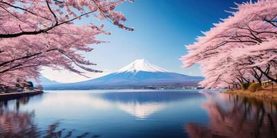 ai gerado mt. fuji, montar Fuji san mais alto vulcão montanha dentro Tóquio, Japão. neve limitado pico, cônico sagrado símbolo, Primavera temporada, sakura Rosa árvores, natureza panorama pano de fundo fundo foto