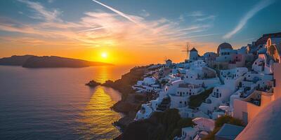 ai gerado santorini Thira ilha dentro sulista egeu mar, Grécia pôr do sol. fira e oia Cidade com branco casas negligenciar penhascos, praias, e pequeno ilhas panorama fundo papel de parede foto