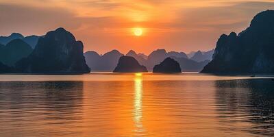 ai gerado ha grandes baía, Halong baía mundo herança site, calcário ilhas, esmeralda águas com barcos dentro província, Vietnã. pôr do sol, viagem destino, natural maravilha panorama fundo papel de parede foto