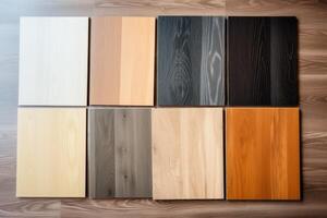 ai gerado madeira laminado chão amostras, vinil telha. sortimento do parquet ou laminado chão amostras dentro natural cores. foto