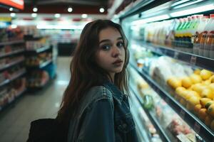 ai gerado uma lindo jovem senhora dentro mercearia loja foto