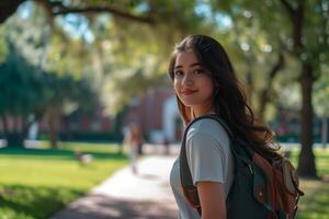 ai gerado Faculdade menina dentro uma casual ainda à moda equipamento com uma mochila pendurado sobre 1 ombro foto