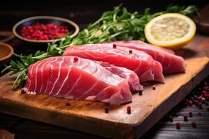 ai gerado fresco cru atum filé bife e sashimi em de madeira borda fundo, delicioso Comida para jantar, saudável Comida foto