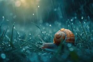 ai gerado macro tiro do uma Caracol em a Relva depois de a chuva foto