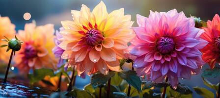 ai gerado colorida dália misturar floresce com pingos de chuva, flores dentro a jardim foto