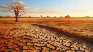 ai gerado global aquecimento, extremo clima eventos e rachado seco solo. a impacto do clima mudança em seco interior paisagens foto