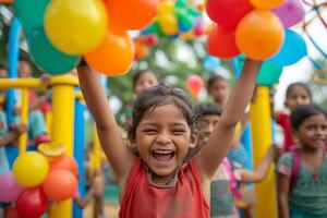 puro alegria e inocência do crianças jogando dentro uma colorida Parque infantil foto