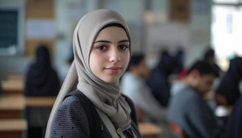 uma jovem muçulmano mulher dentro uma hijab dentro uma Sala de aula foto