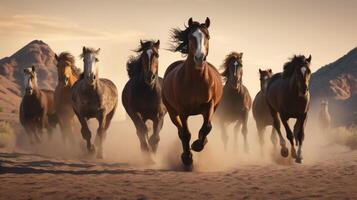 ai gerado grupo do cavalos corrida galope dentro a deserto. foto