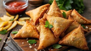 ai gerado frito samosas com vegetal enchimento, popular indiano lanches em de madeira borda foto