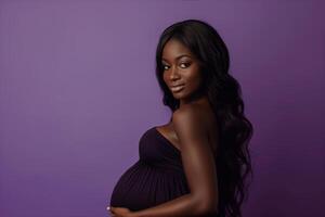 ai gerado estúdio foto retrato do lindo Sombrio pele africano americano grávida mulher em cor fundo
