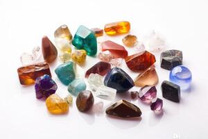 ai gerado semi precioso gema pedras, colorida quartzo, cura cristais, branco neutro mínimo fundo, espiritual, atenção plena, meditação foto