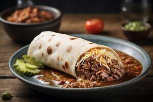 mexicano velozes Comida burrito preenchidas com arroz feijões e picante carne ou frango foto
