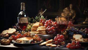 ai gerado gourmet refeição com vinho, pão, e queijo gerado de ai foto