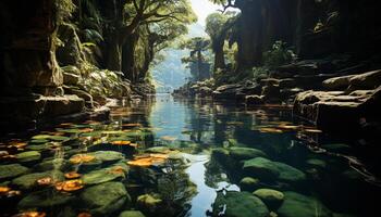 ai gerado tranquilo cena do verde floresta, fluindo água gerado de ai foto