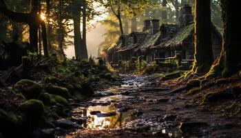 ai gerado assustador floresta, antigo ruínas, tranquilo pôr do sol, natureza beleza gerado de ai foto