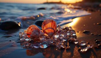 ai gerado pôr do sol sobre a tropical litoral reflete dentro água gerado de ai foto