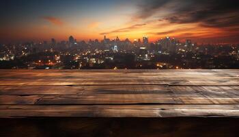 ai gerado paisagem urbana às crepúsculo, iluminado arranha-céus, moderno arquitetura gerado de ai foto