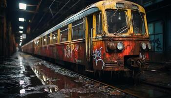 ai gerado velho formado carro em a abandonado Ferrovia acompanhar, cidade vida dentro movimento gerado de ai foto