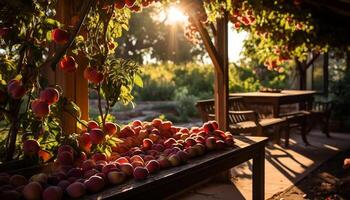 ai gerado fresco orgânico fruta em uma mesa dentro uma ensolarado Pomar gerado de ai foto